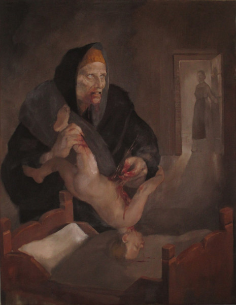 “Grýla”  The general idea here was to paint Grýla the way she might have looked if she were a real person (as a vagrant, more or less). I thought it would make for a more interesting painting if I would show her having broken into a house, and eating a child right there and then.