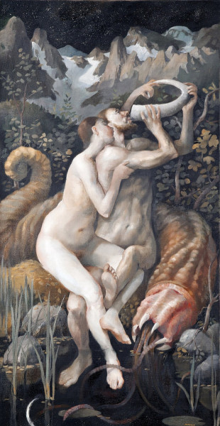 “Óðinn and Gunnlöð” There is a story that tells how Odin put on a worm outfit (“orms-hamur”) in order to dig himself into the place where Gunnlöð, the guardian of the mead of poetry, was staying. Odin stayed with her for three nights, and each night he would have a sip of the precious mead. What appealed to me here was the chance to paint a beautiful nocturnal scene of a loving couple, wrapped up by a rather disgusting, Cthulhu-esque worm.  
