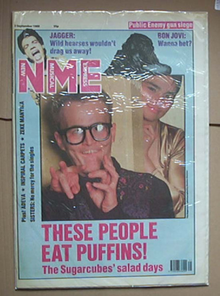 The Sugarcubes, eating puffins, on the cover of the NME
