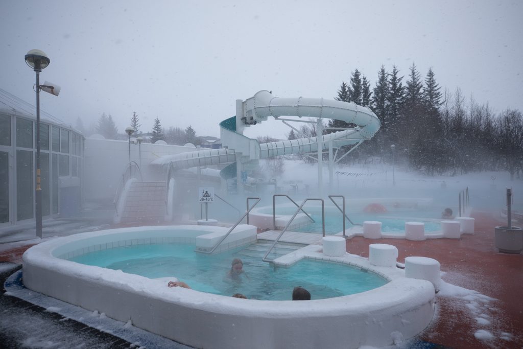 Swimming pool with hot water in the winter time