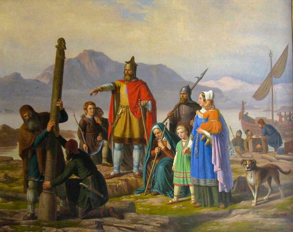 A painting showing Ingólfur Arnarson and Hallveig Fróðadóttir
