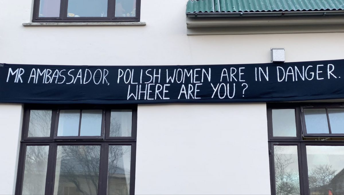The banner sends a clear message to the Polish ambassador to Iceland